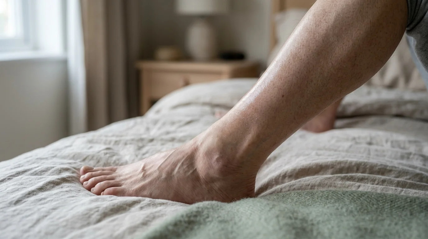Close-up of a person's lower leg, ankle, and bare foot resting on a textured linen bedspread.