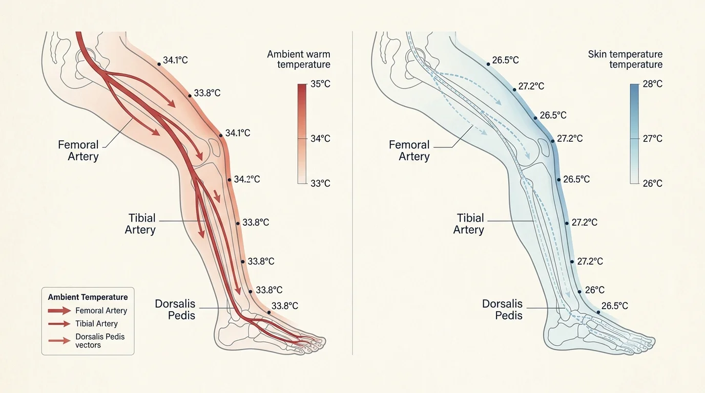 Diagram comparing arterial blood flow and skin temperatures between a warm leg in red and a cold leg in blue.