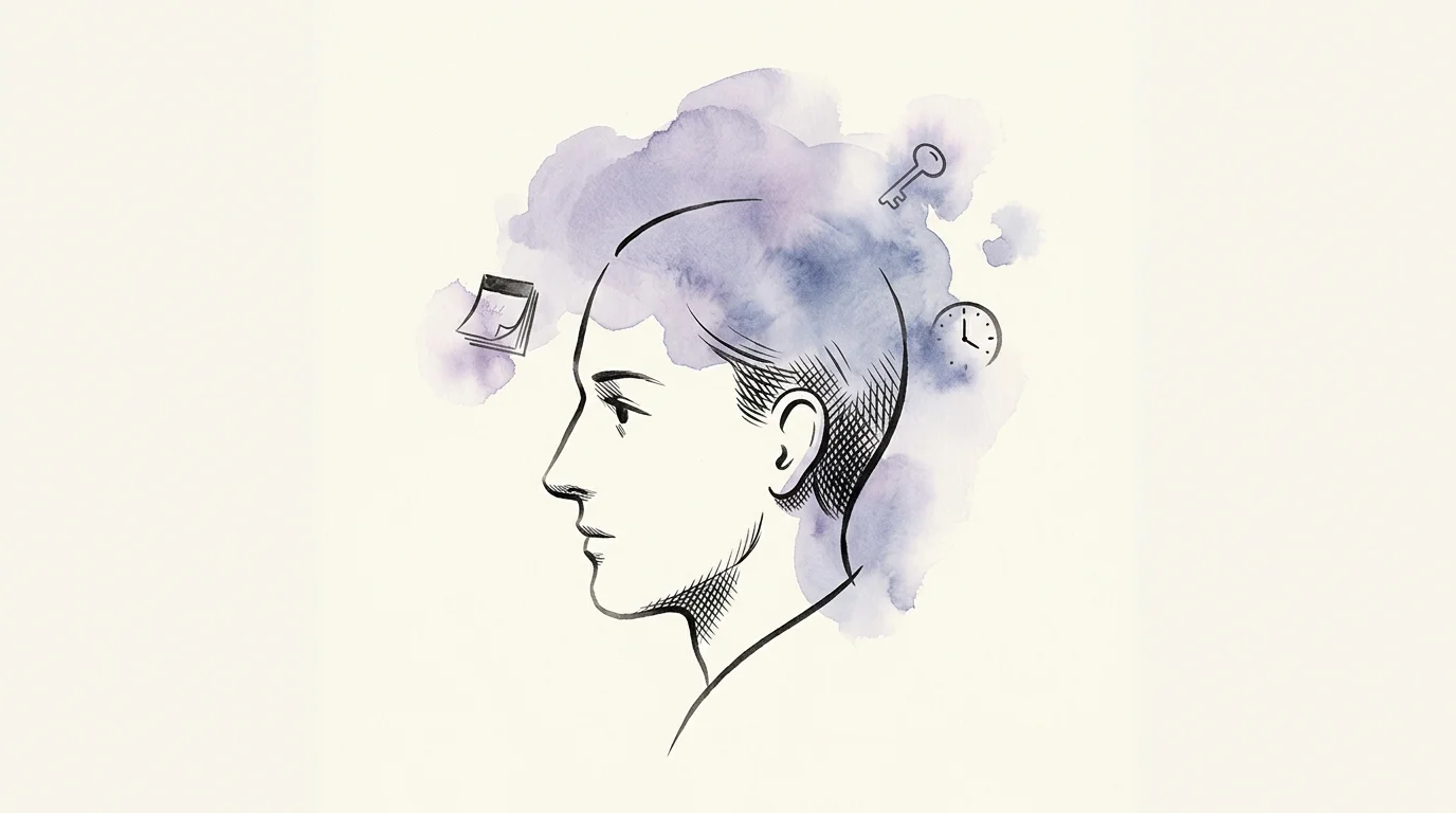 Line drawing of a person's profile with purple watercolor clouds around the head, containing a calendar, key, and clock.