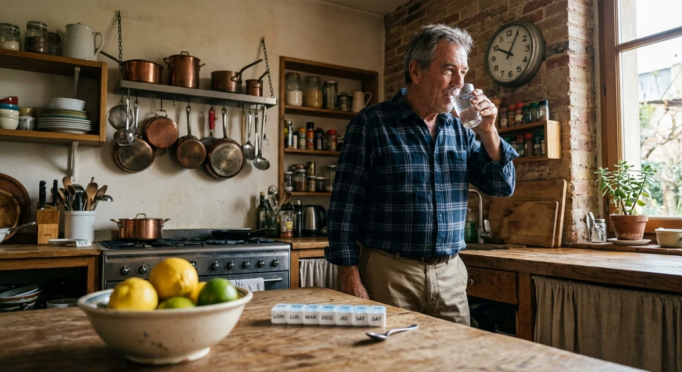 Documentary-style photo of an older man drinking water in a sunny kitchen, with a pill organizer on the table.