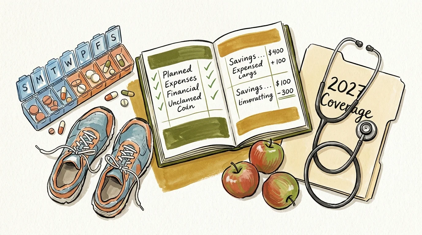 Illustration of a pill organizer, ledger, running shoes, red apples, stethoscope, and a folder labeled 2027 Coverage.