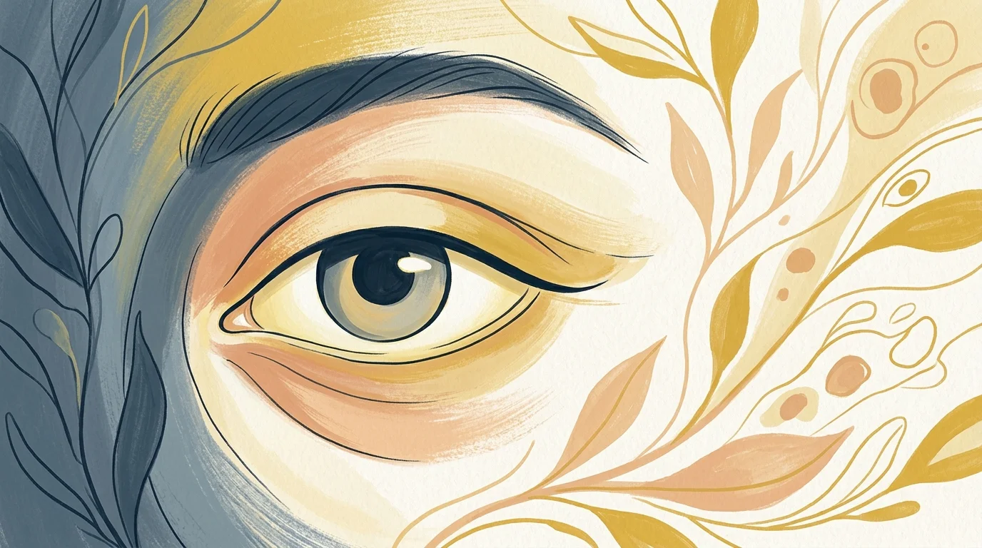 Stylized illustration of a human eye with yellow-toned skin, surrounded by decorative leaves and organic patterns.