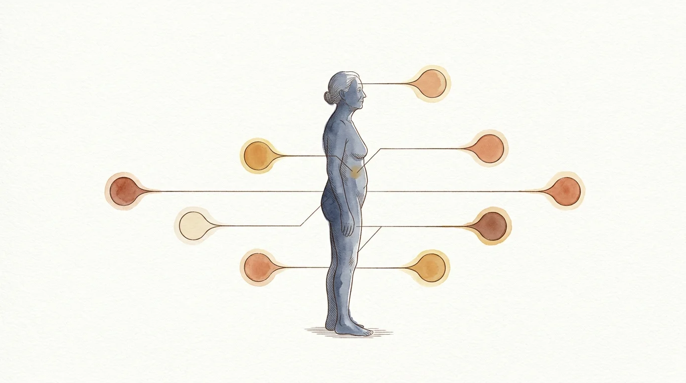 Watercolor illustration of a standing human profile with lines connecting body areas to circular color-coded nodes.
