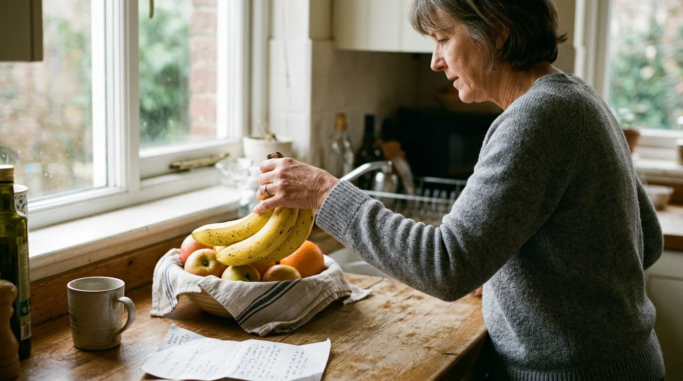 A woman in a grey sweater picks up a bunch of yellow bananas from a fruit bowl on a wooden kitchen counter.
