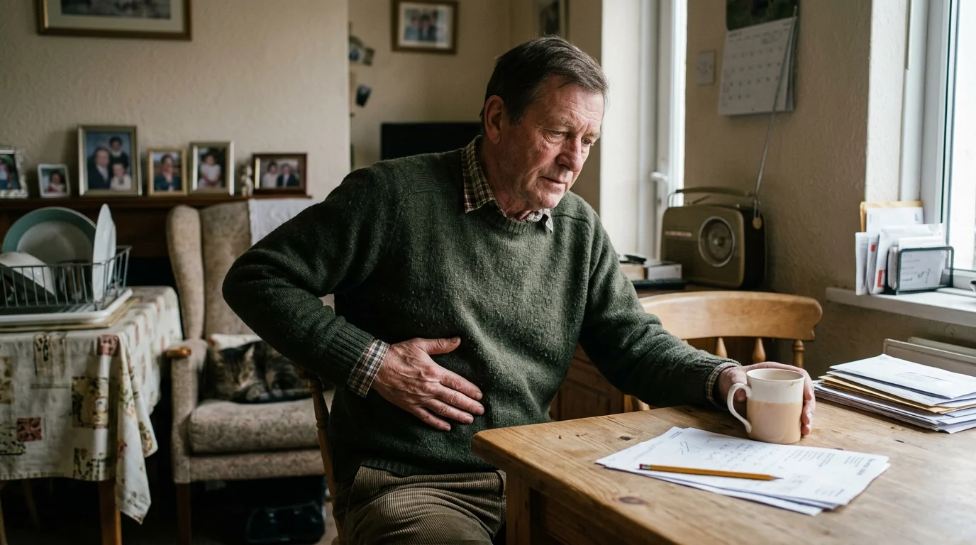 Older man sitting at a wooden table holding his side in discomfort next to a coffee mug and papers.