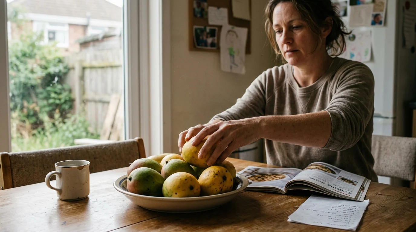 A woman sits at a wooden table holding a mango from a large bowl of fruit next to an open cookbook.