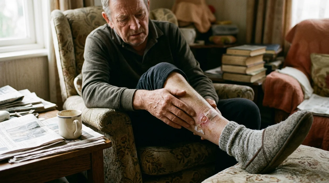 Senior man sitting in an armchair examining a painful, bandaged wound on his lower leg.