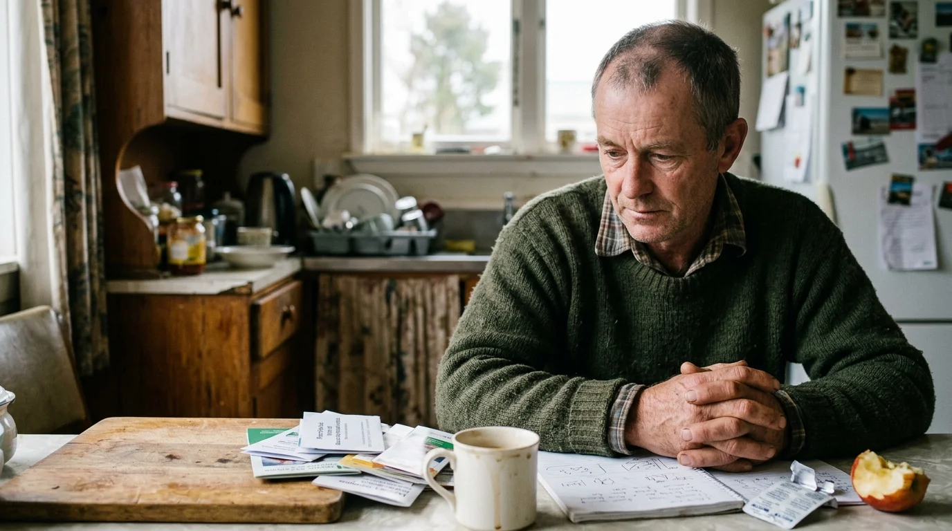 A man in a green sweater sits at a rustic kitchen table with his hands clasped beside notes, medicine, and a coffee mug.