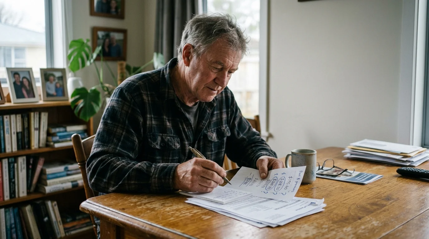 An older man in a plaid shirt sits at a wooden table reviewing paperwork and writing notes with a pen.