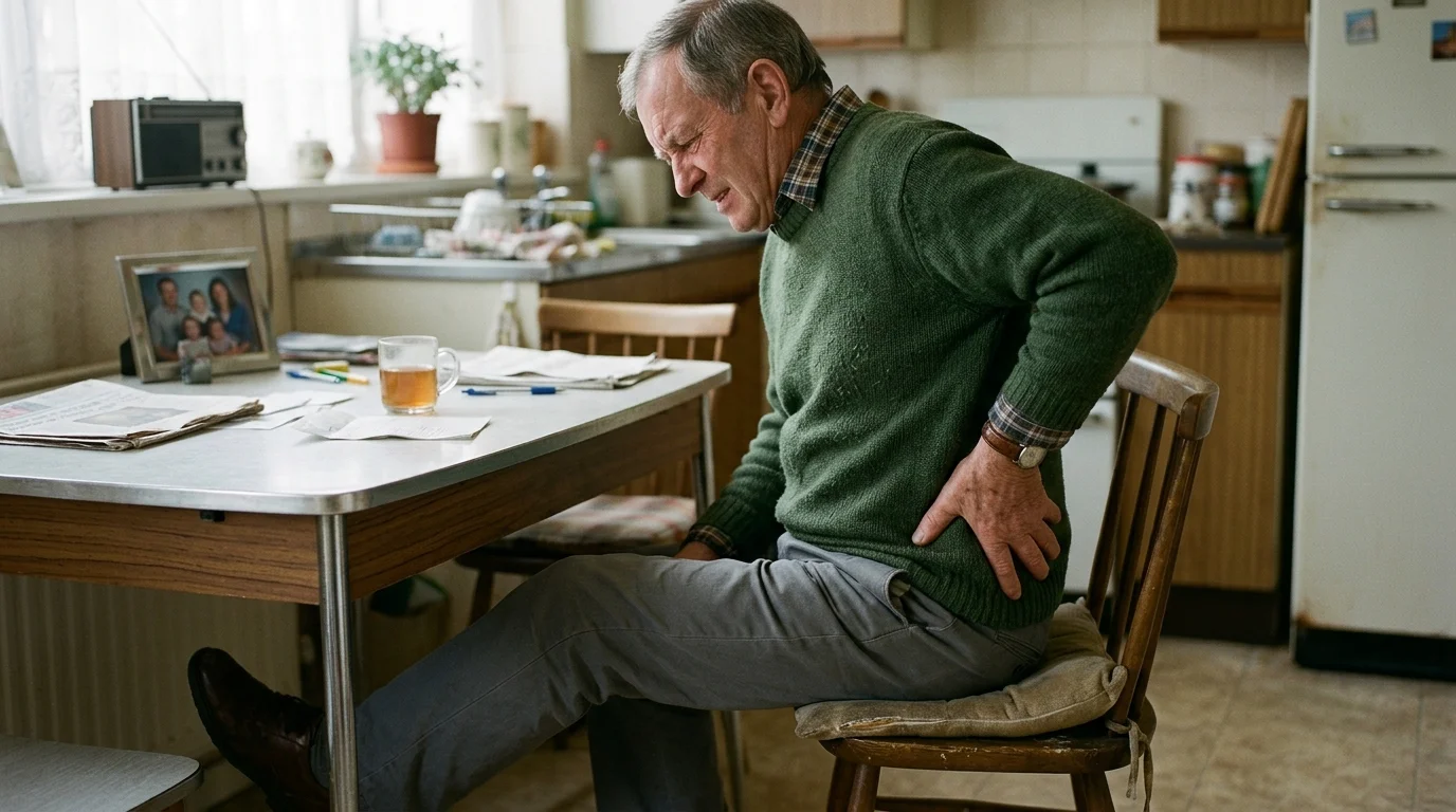 An older man sitting at a kitchen table grimaces in pain while clutching his lower back and extending one leg.