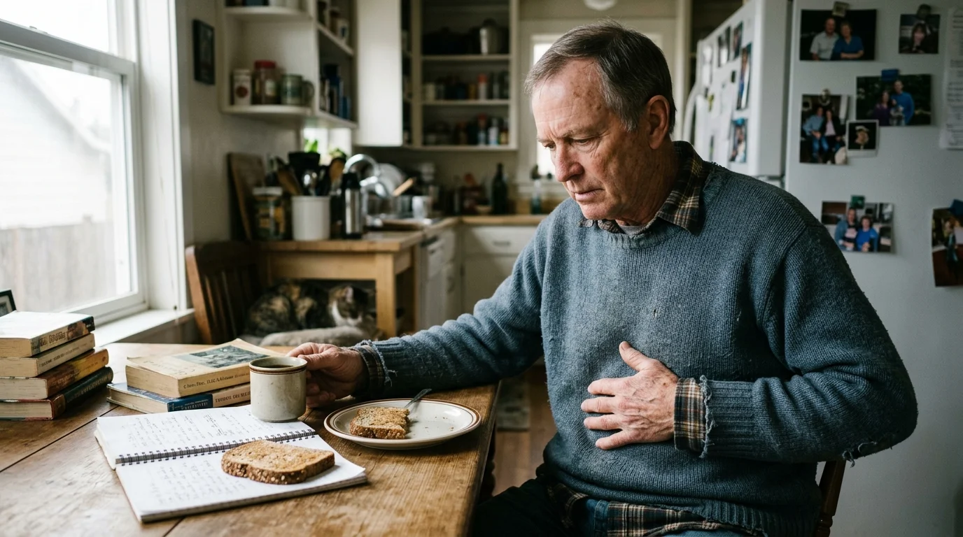 Older man in a sweater sitting at a kitchen table with breakfast, holding his upper abdomen in discomfort.