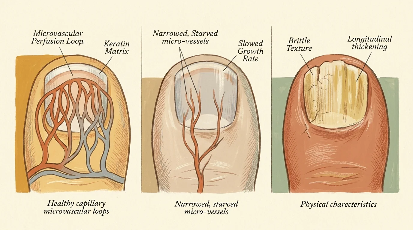 Three-panel medical illustration showing healthy toe capillaries, reduced blood vessels, and a brittle, thickened toenail.