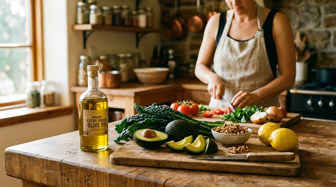 A woman chops vegetables in a kitchen behind a wooden counter topped with olive oil, kale, avocado, and walnuts.