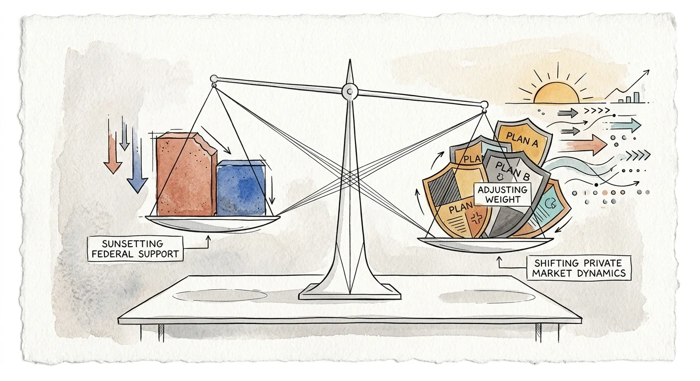 Watercolor illustration of a balance scale weighing sunsetting federal support against shifting private market plans.