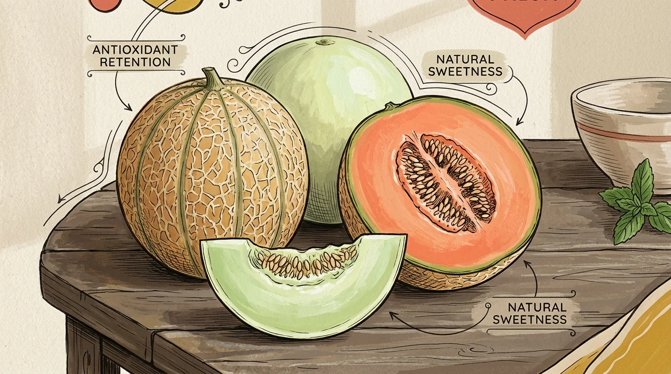 Illustration of whole and sliced cantaloupe and honeydew melons on a rustic wooden table with infographic labels.