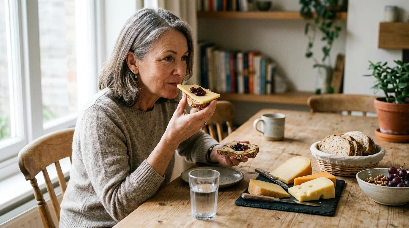 A woman sits at a wooden dining table eating bread with cheese and jam, surrounded by cheese wedges and fruit.