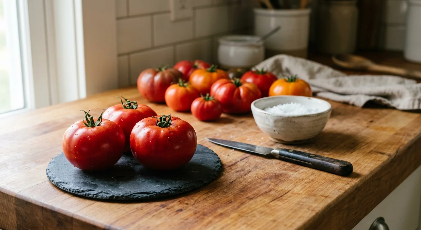 Fresh whole tomatoes resting on a wooden kitchen countertop with a slate platter, paring knife, and bowl of salt.