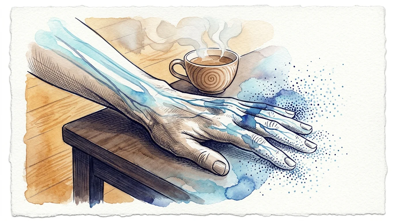 Watercolor illustration of a hand resting on a table with blue nerve pathways and fading dots around the fingertips.