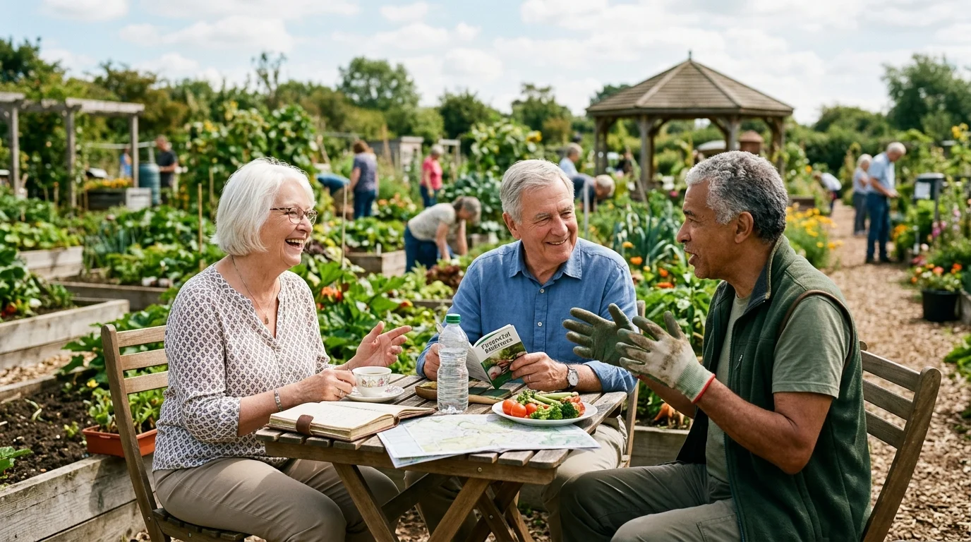 Three senior adults sit at a wooden table in a community garden, chatting and enjoying fresh vegetables.