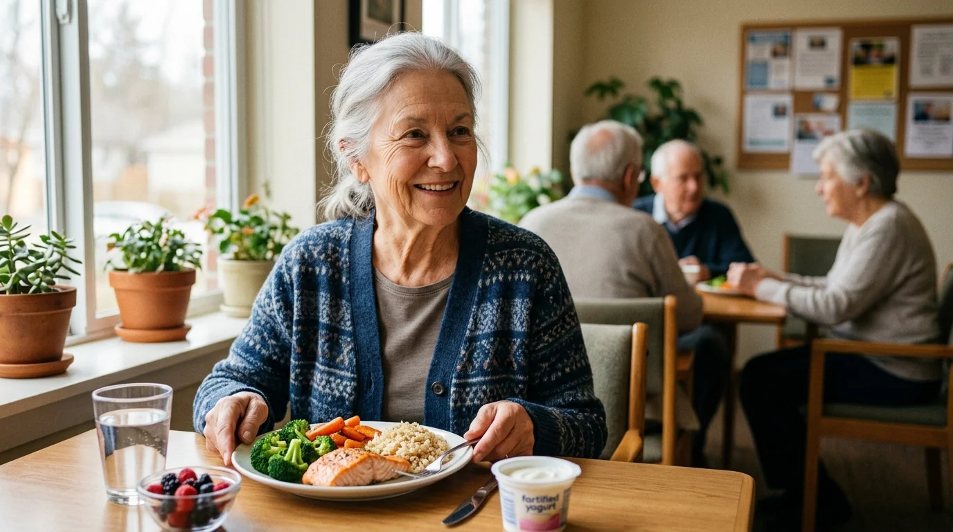 Smiling senior woman sitting at a wooden dining table with a plate of salmon, broccoli, grains, and yogurt.