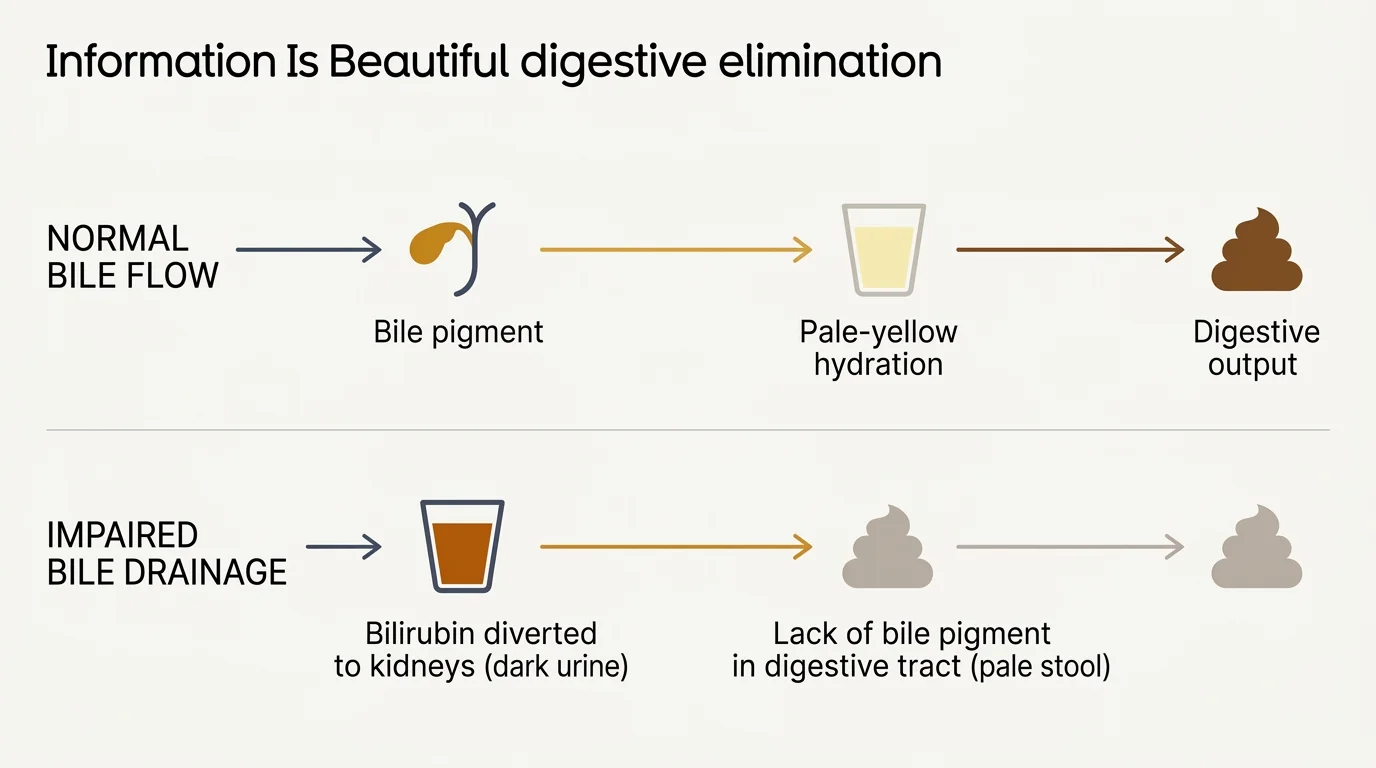 Diagram comparing normal bile flow with impaired bile drainage, illustrating color shifts in urine and stool.