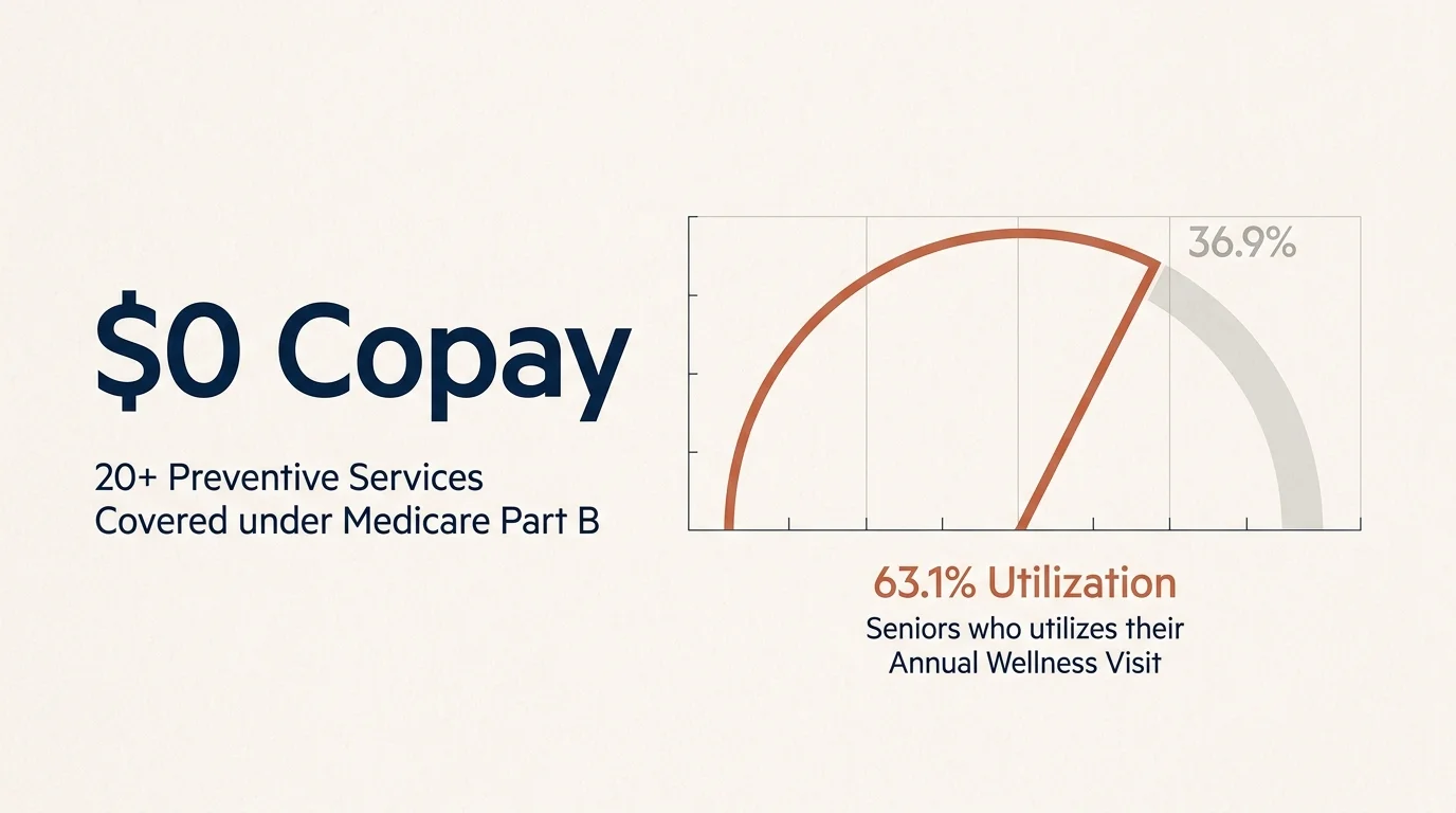 Minimalist data visualization showing a sixty-three percent utilization rate for Medicare's free annual wellness visits.