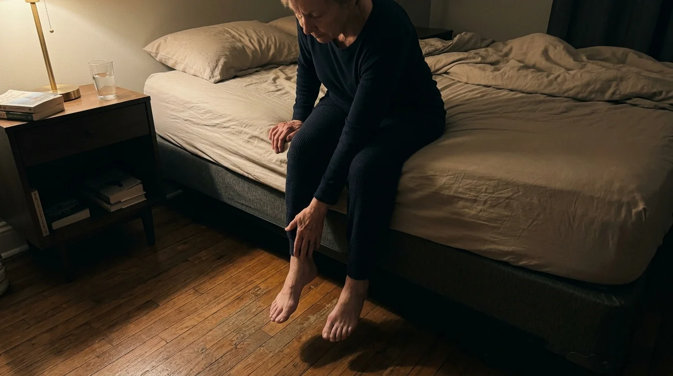 A person in dark pajamas sitting on the edge of an unmade bed, looking down and holding their lower leg above bare feet.