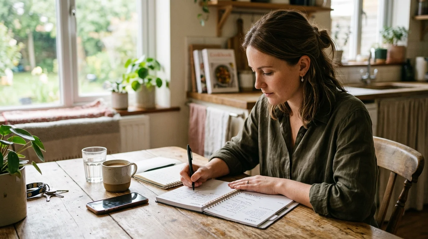 A woman sits at a wooden kitchen table writing in a spiral planner beside a coffee mug and glass of water.