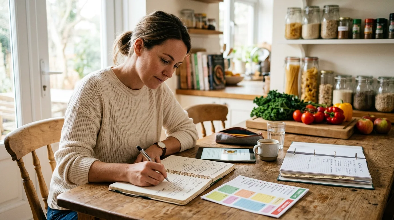 A woman sitting at a wooden kitchen table writing in a planner surrounded by notebooks, a tablet, and fresh produce.