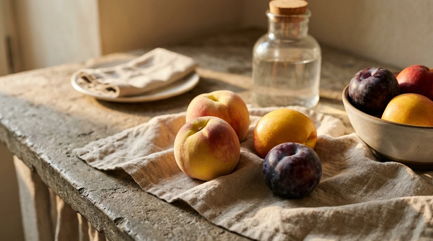 Fresh peaches, nectarines, and plums resting on a linen cloth beside a glass bottle on a rustic stone counter.