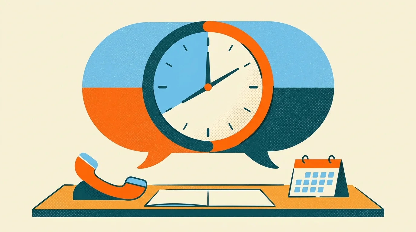 Illustration of a desk with a telephone, open document, calendar, and a large clock inside speech bubbles.