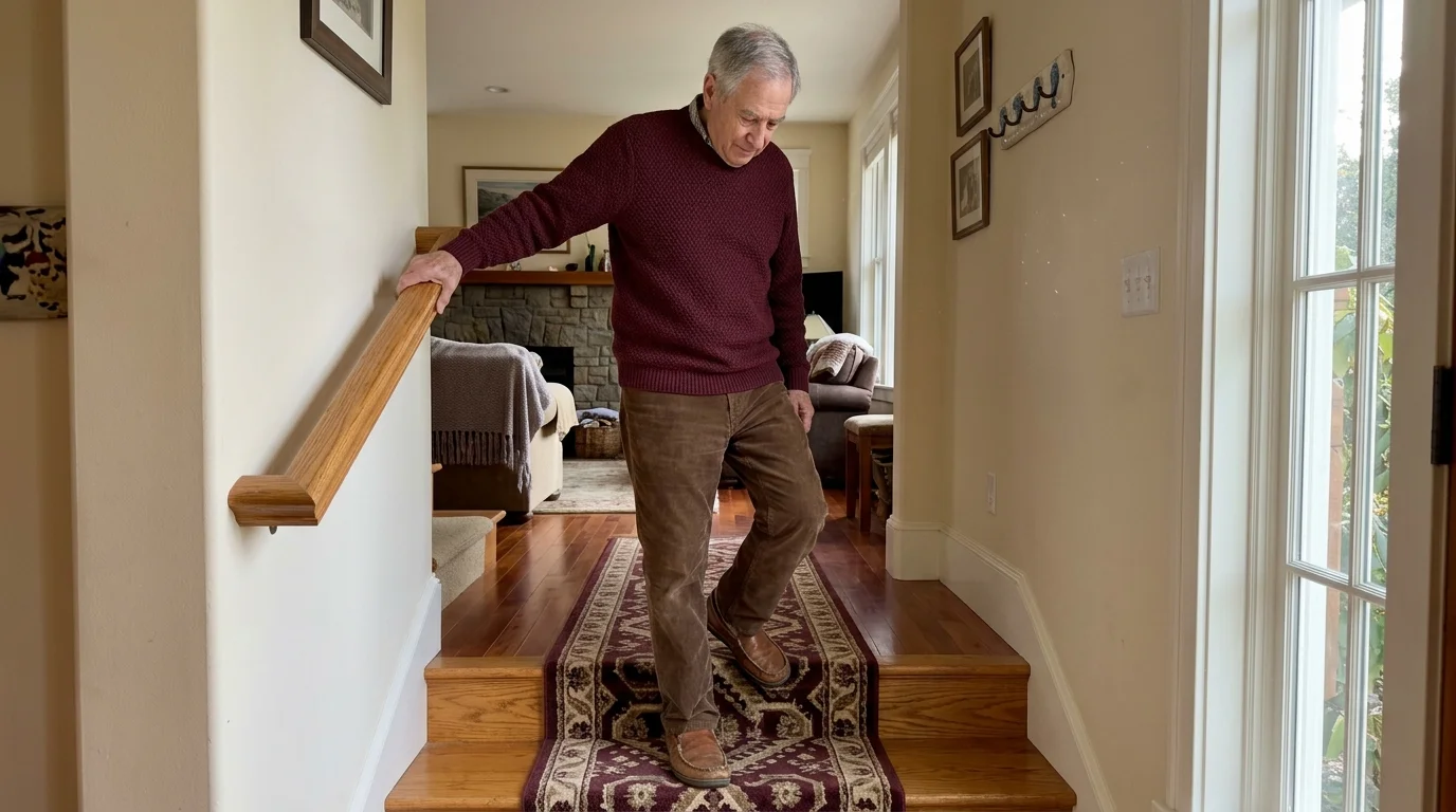 An older man holding a wooden handrail as he carefully steps down carpeted stairs inside a home.