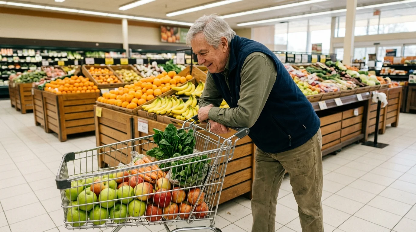 A senior man leans forward over a full grocery cart in the produce aisle of a supermarket.