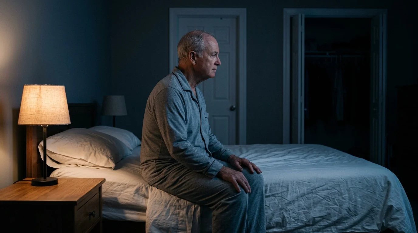 An older man in gray pajamas sits on the edge of a bed in a dimly lit bedroom beside a small lamp.