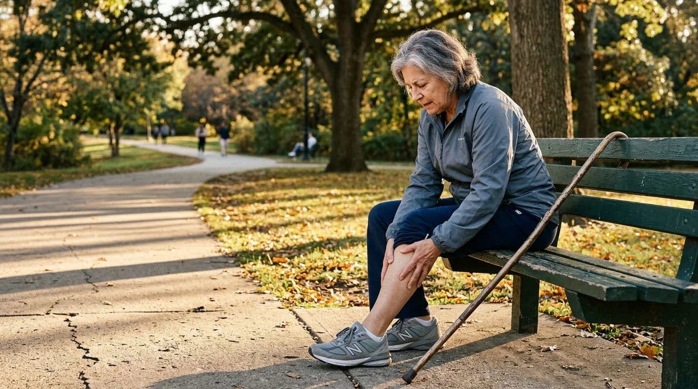 Senior woman sitting on a park bench and holding her calf in pain with a walking cane resting nearby along a park path.