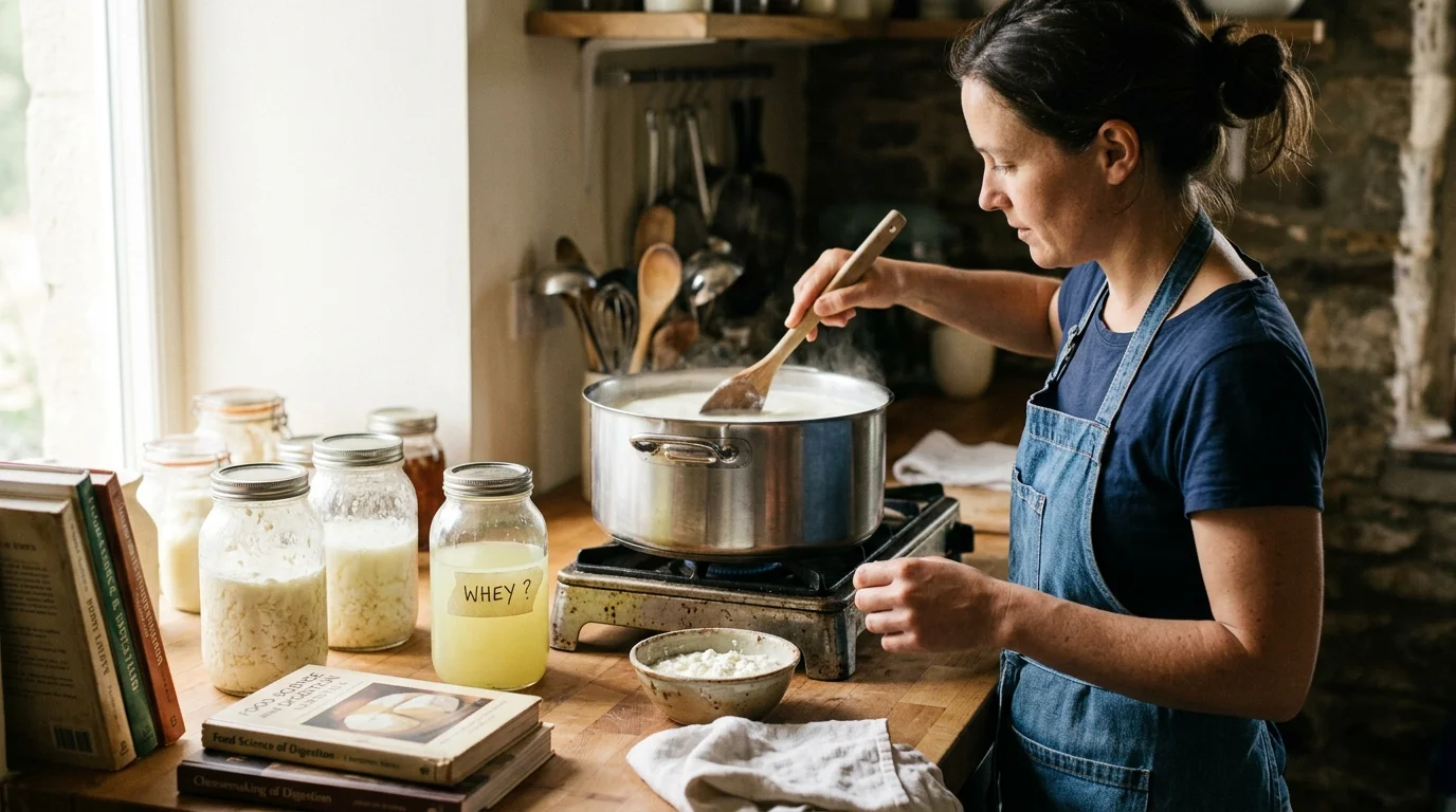 A woman in an apron stirs a steaming pot on a stove surrounded by glass jars of curds and whey on a wooden counter.