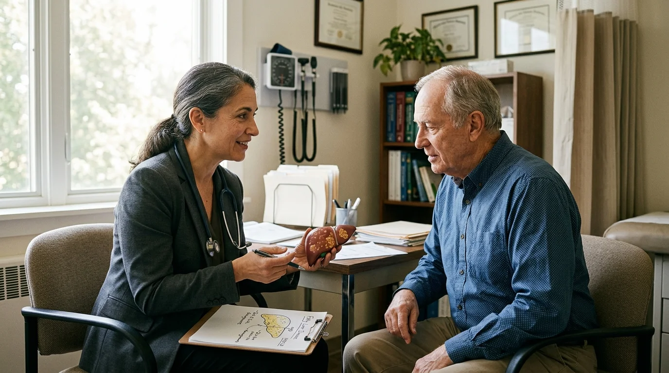 A female doctor holds an anatomical liver model while consulting with a male patient in a medical office.