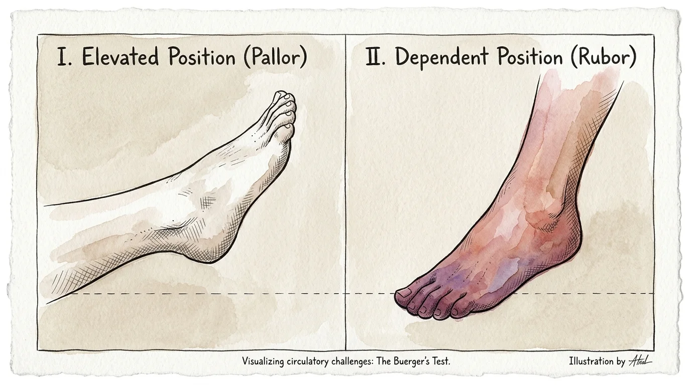 Side-by-side watercolor illustration showing a pale foot in an elevated position and a red foot in a dependent position.