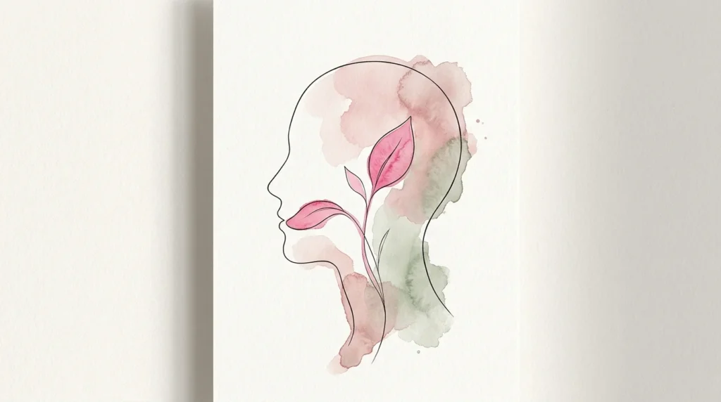 Watercolor and ink illustration of a profile silhouette where a pink leaf represents the tongue, symbolizing health monitoring.