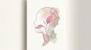 Watercolor and ink illustration of a profile silhouette where a pink leaf represents the tongue, symbolizing health monitoring.