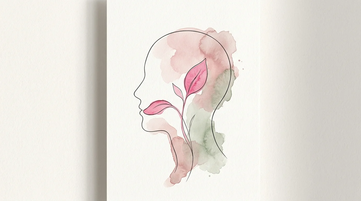 Watercolor and ink illustration of a profile silhouette where a pink leaf represents the tongue, symbolizing health monitoring.