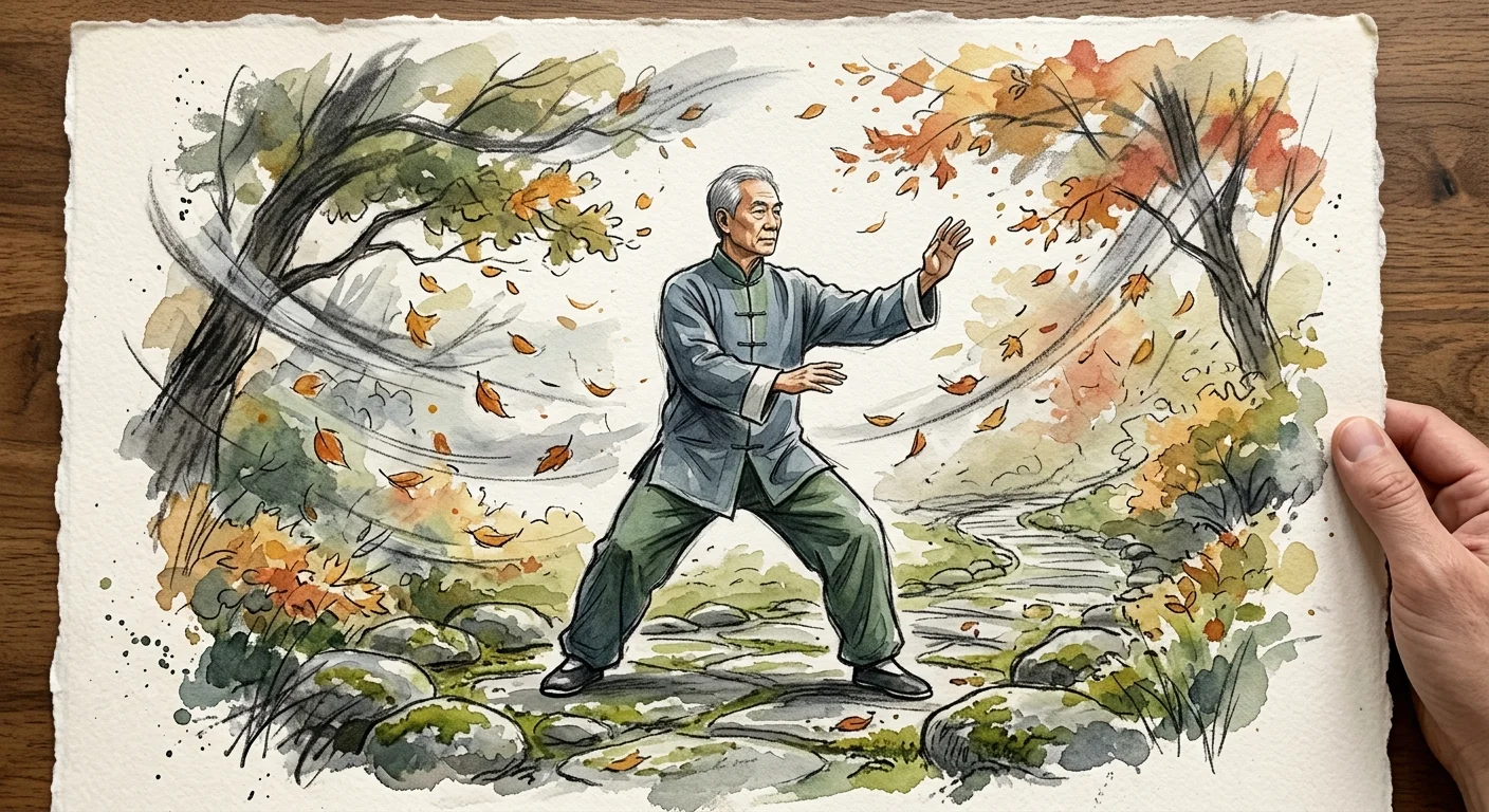 Watercolor art of a senior in a stable Tai Chi pose alongside a resilient willow branch swaying in the wind.