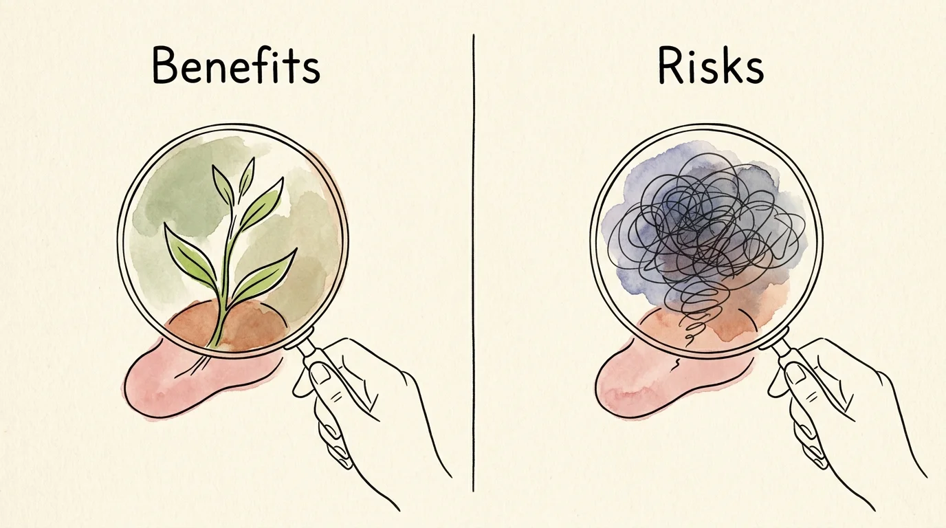 Watercolor illustration contrasting mindful health tracking with anxious over-analysis using magnifying glasses.