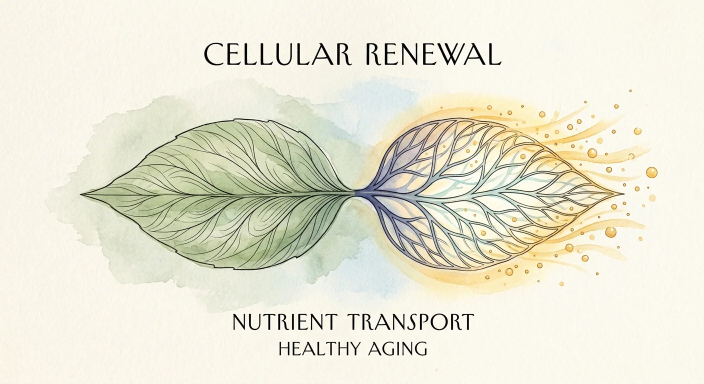 Watercolor illustration of a leaf transitioning into a glowing network of cells, representing healthy aging.