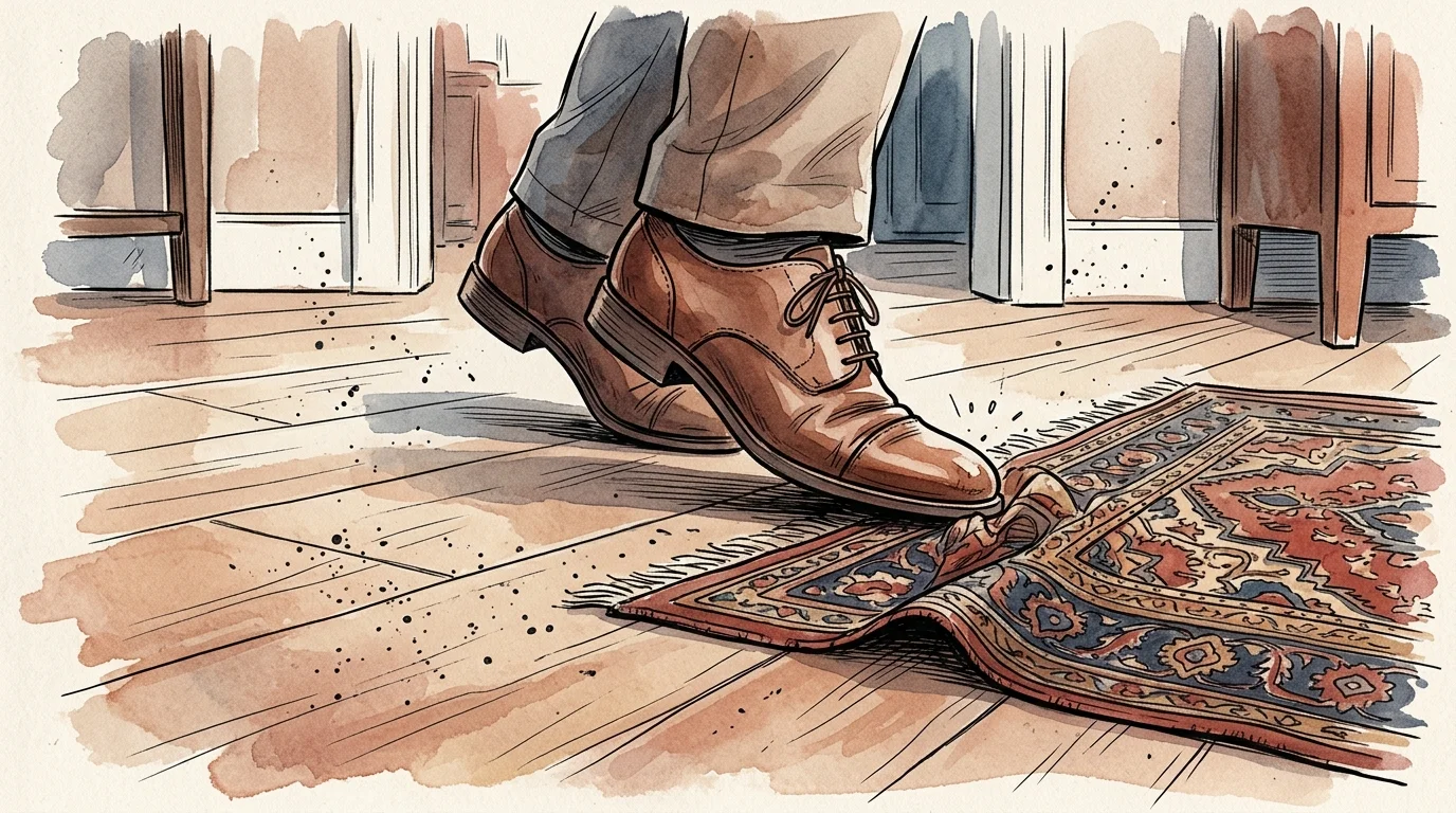 Watercolor sketch of a person in brown dress shoes tripping and catching the toe of their shoe on a patterned rug.