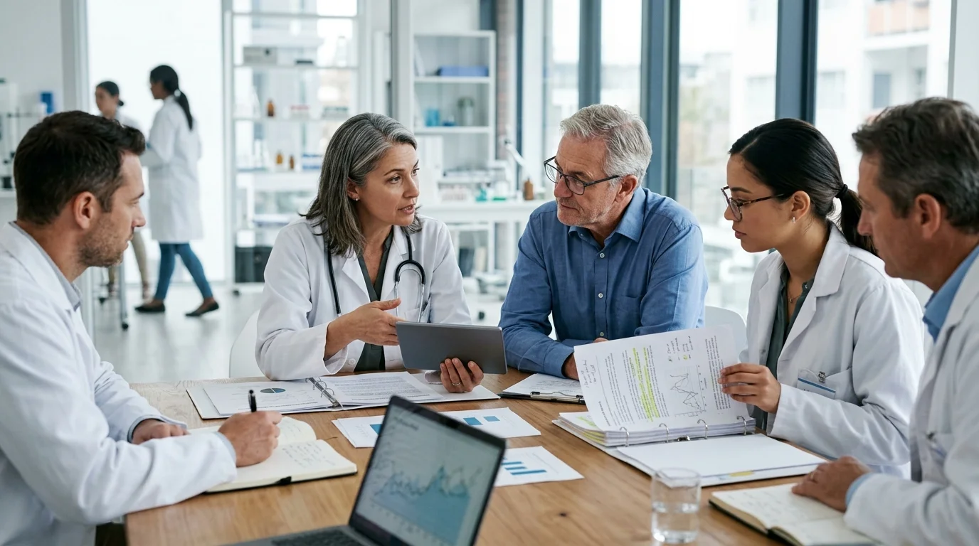 A group of medical professionals in white lab coats seated around a wooden conference table discussing research notes.