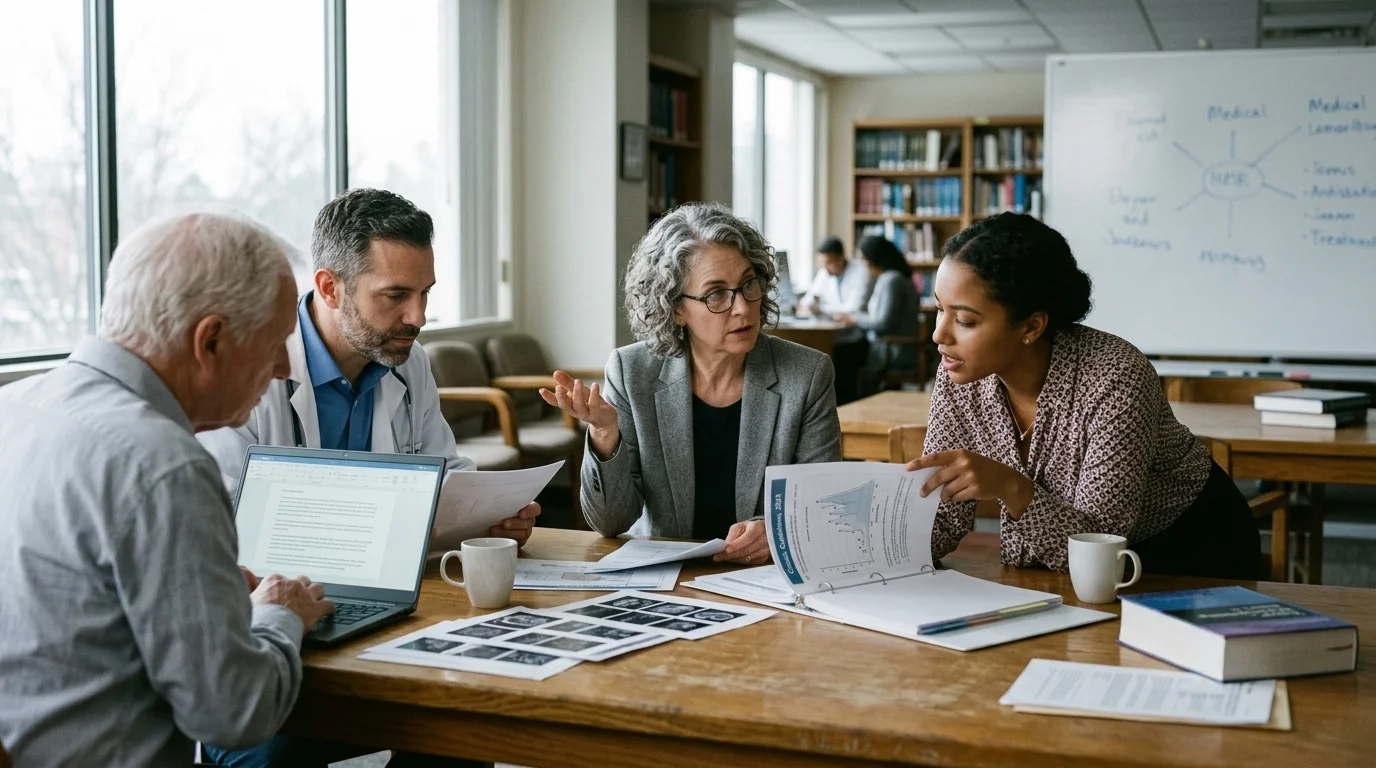 Medical professionals sit around a wooden table reviewing research papers, medical scans, and a laptop.