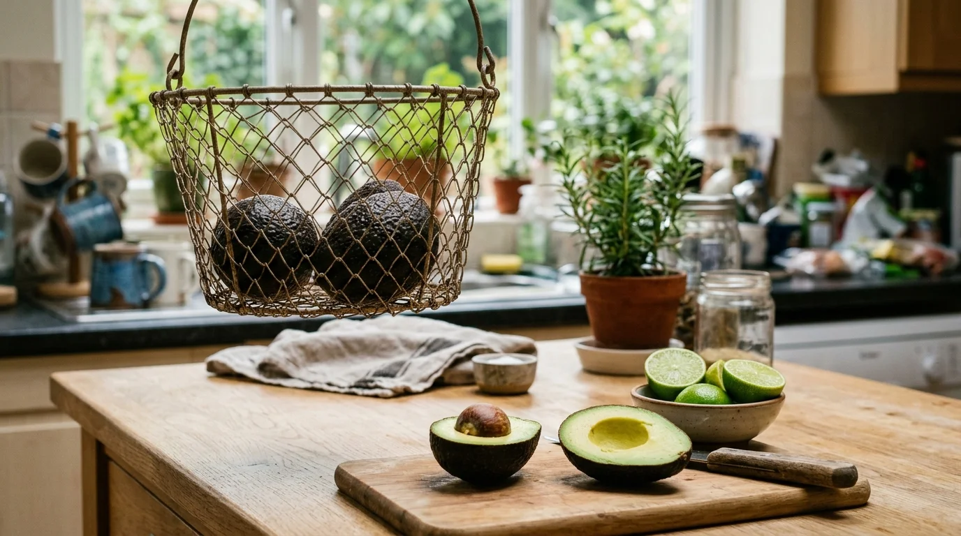 Halved avocado on a cutting board next to a hanging wire basket of whole avocados on a kitchen island.
