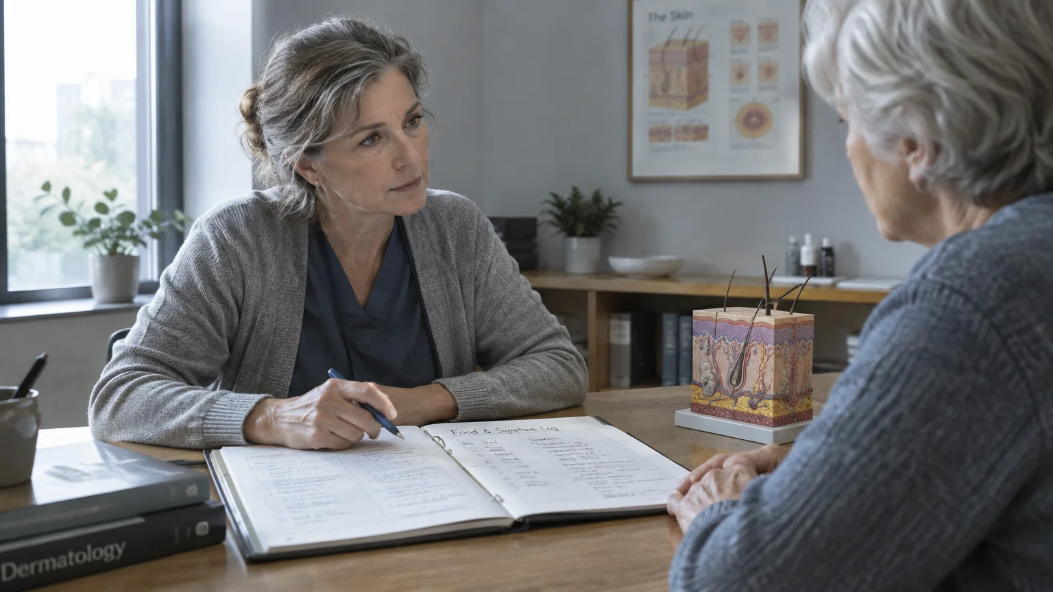 A doctor at a desk reviews a food and symptom log binder with a patient, beside an anatomical skin model.