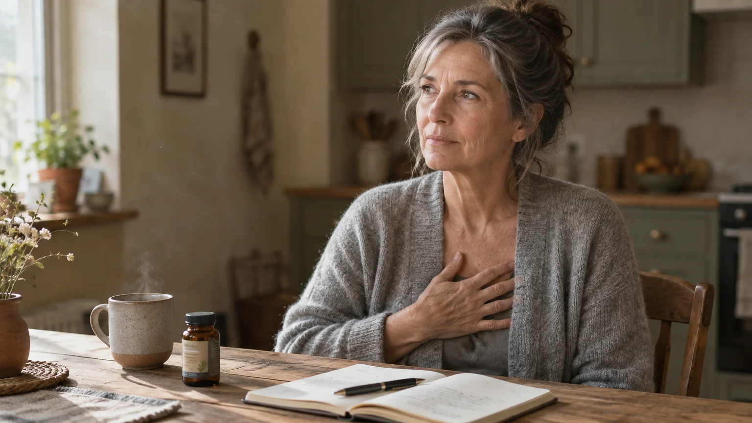 A mature woman sits at a wooden kitchen table holding her hand over her chest beside a mug, pill bottle, and open notebook.